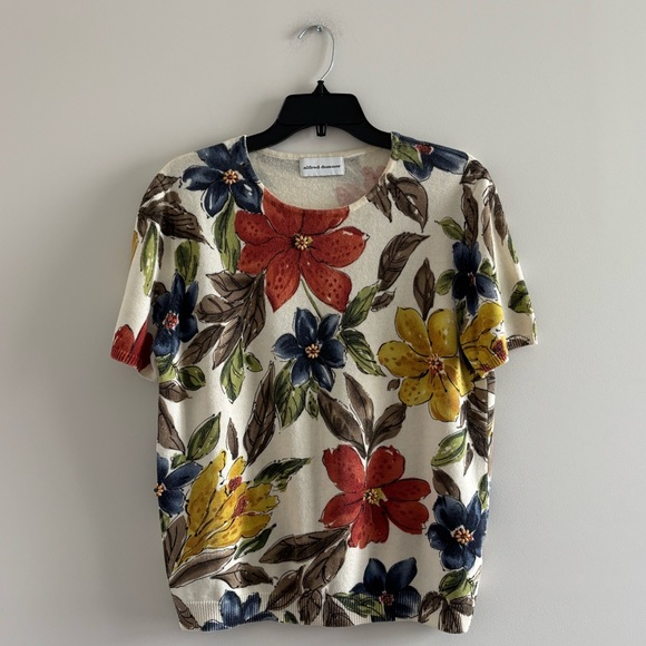Alfred Dunner Sweaters - VTG Alfred Dunner Sweater Floral Short Sleeve Beaded Women M Teacher Grandmacore